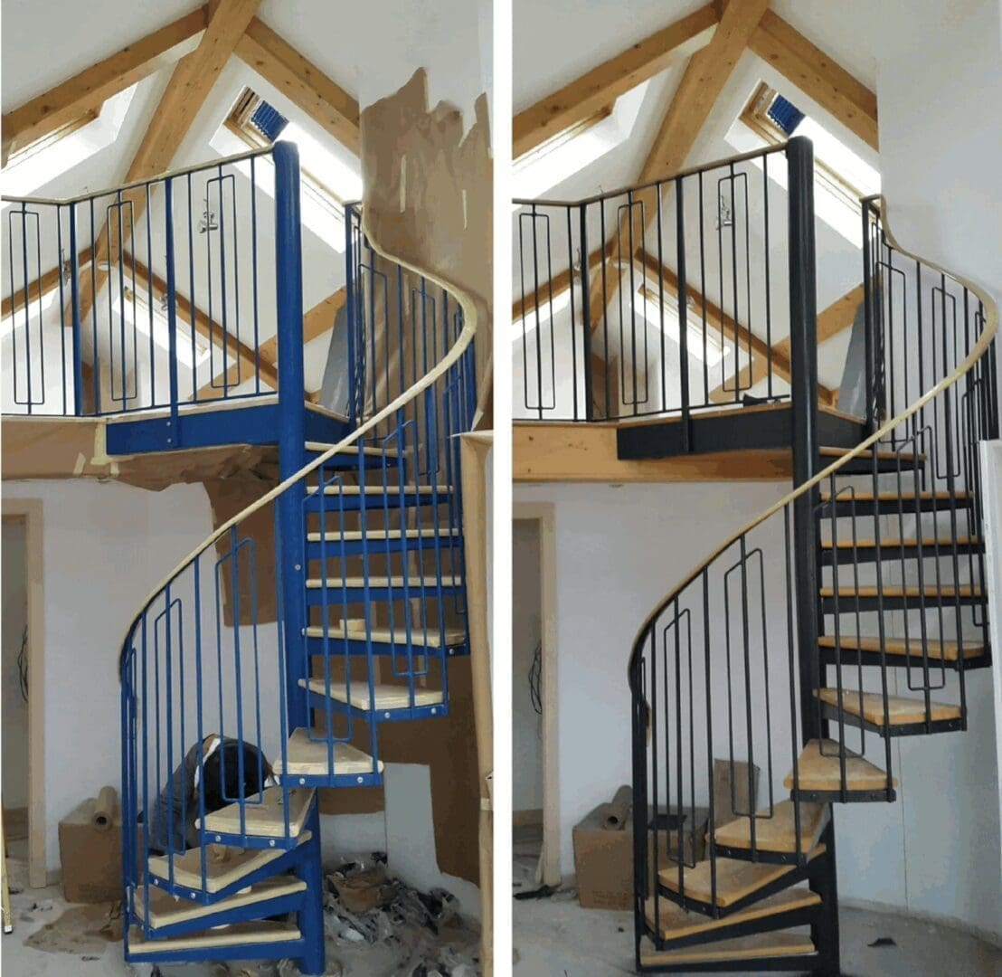 Blue and black spiral staircase comparison.