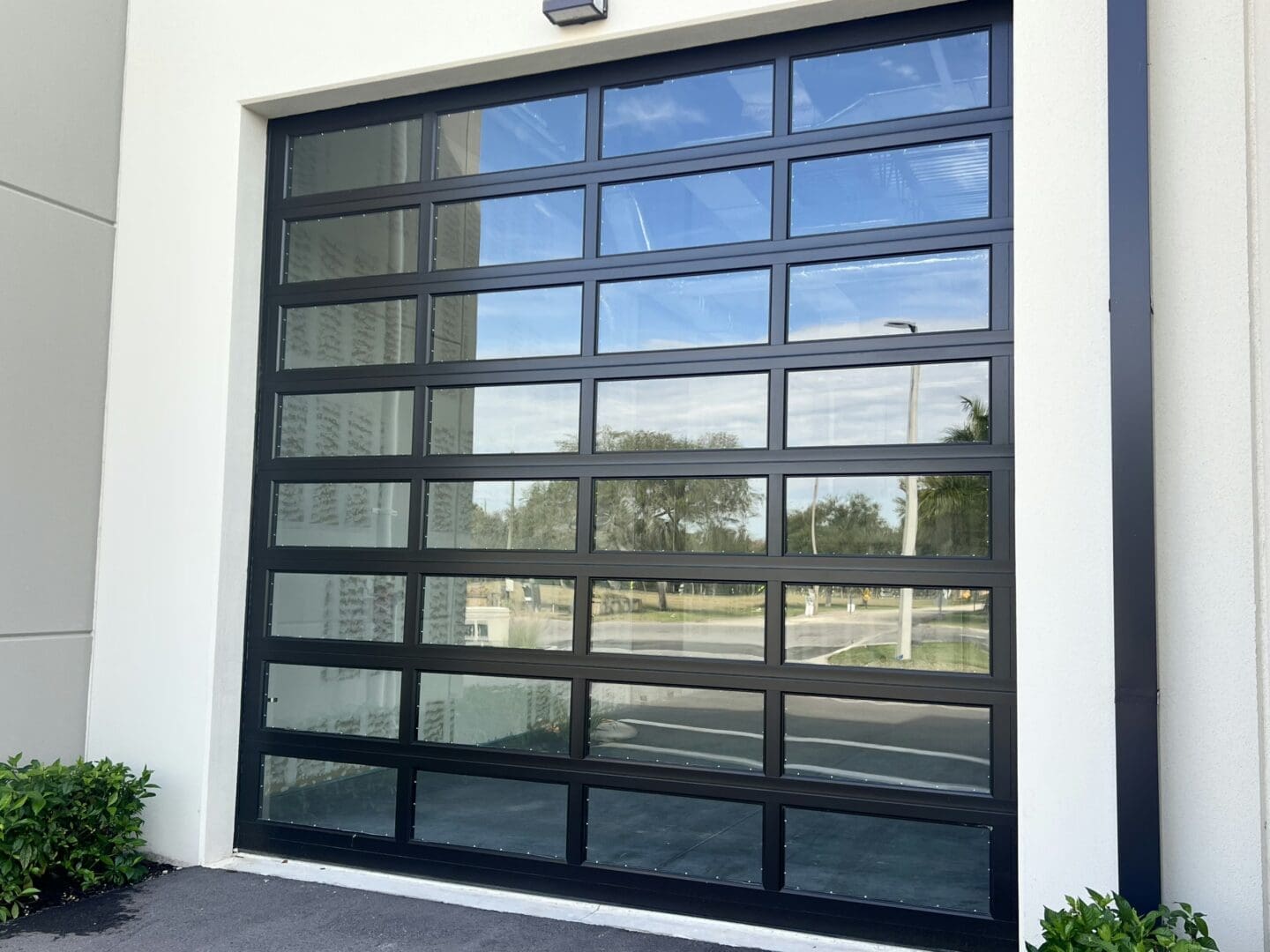 Modern black-framed glass garage door