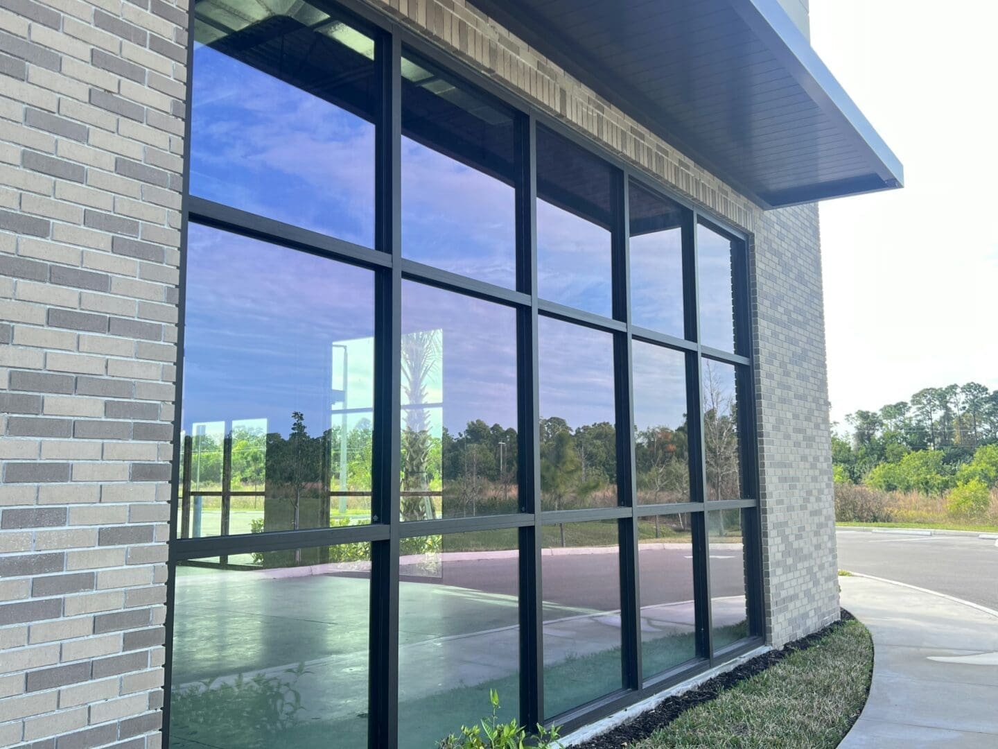 Modern glass facade reflecting trees and sky